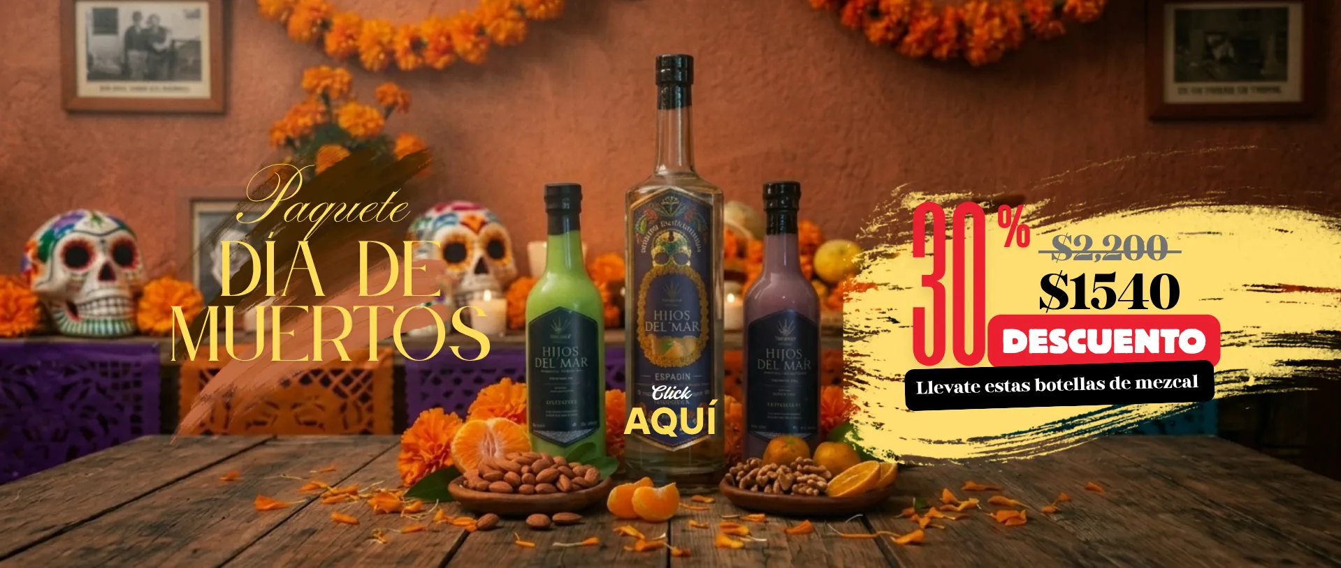 Promoción Día de Muertos Origen Mazunte: Pack con mezcal Espadín y dos cremas de mezcal por $1400 MXN