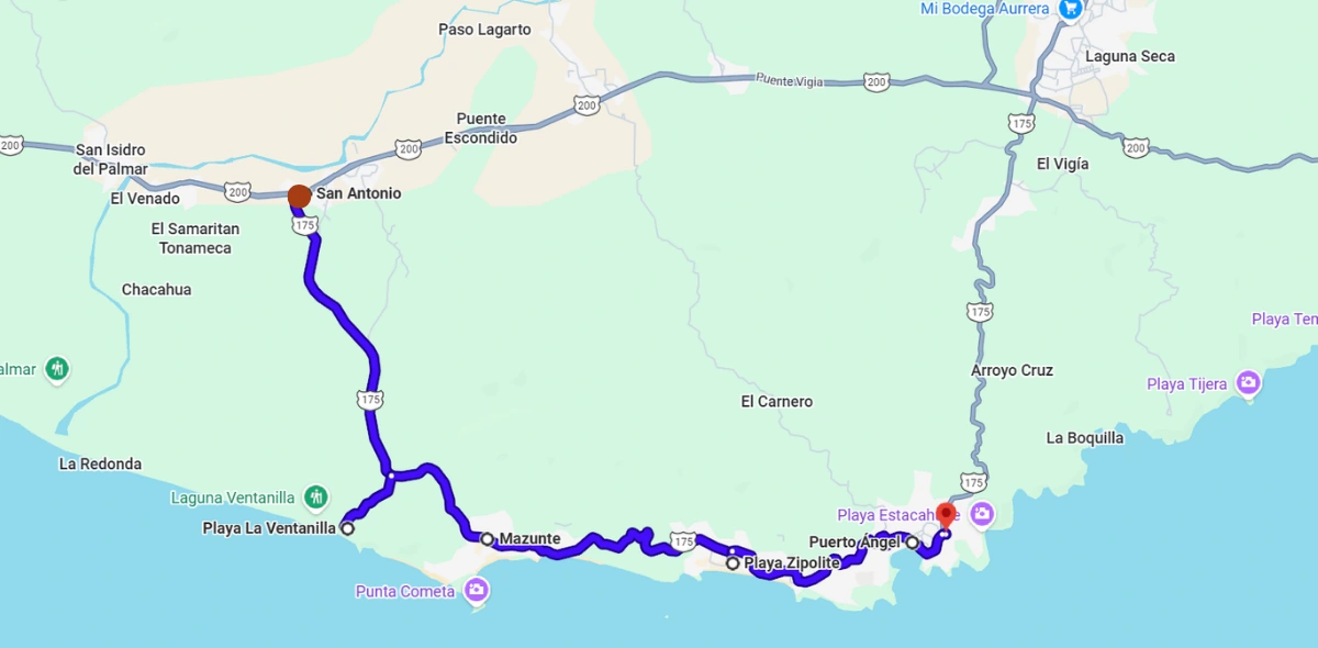 Mapa de la Ruta Costa Esmeralda: Puerto Escondido, Ventanilla, Mazunte, Zipolite, Puerto Ángel y Estacahuite