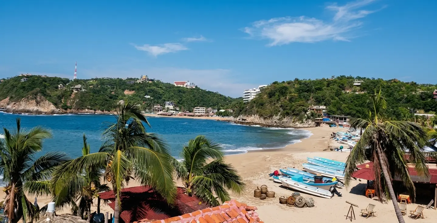 Playa principal de Puerto Ángel con lanchas de pescadores