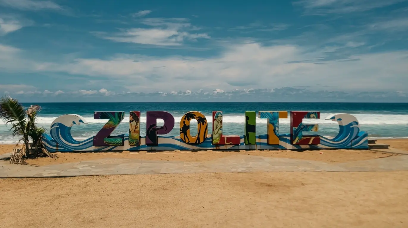 Playa Zipolite en Oaxaca al atardecer con oleaje fuerte