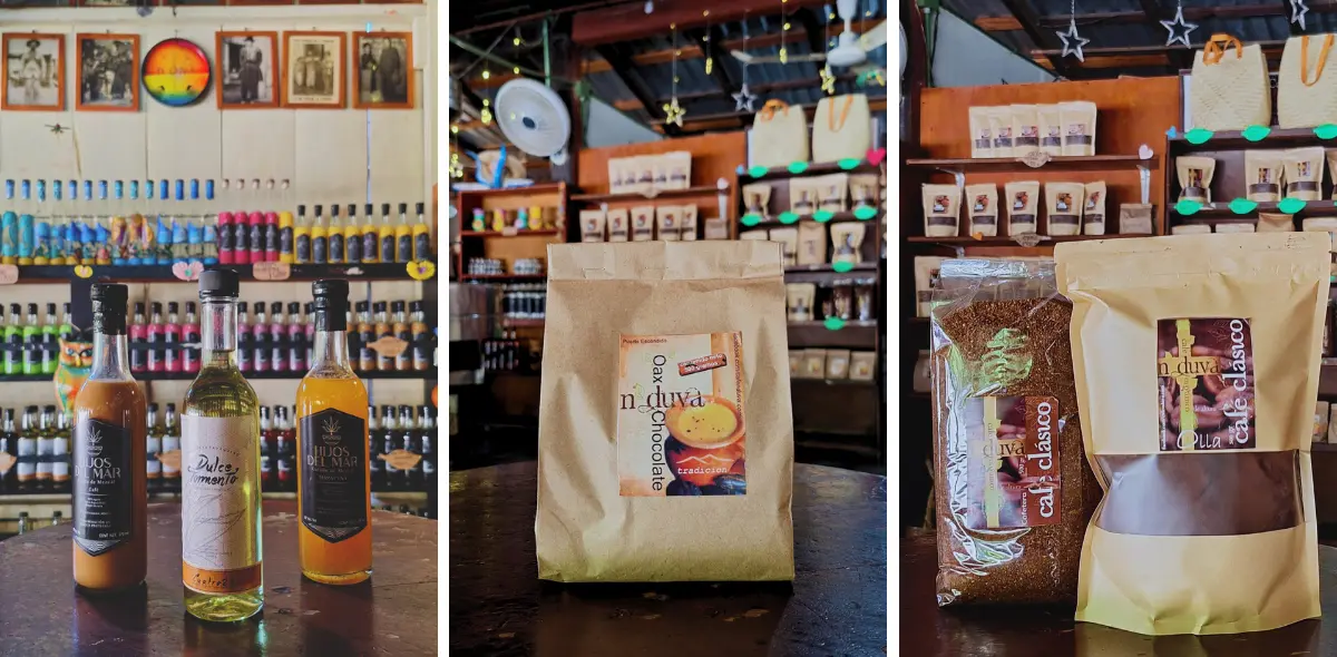 Productos artesanales oaxaqueños en Mazunte: café, chocolate, mezcal