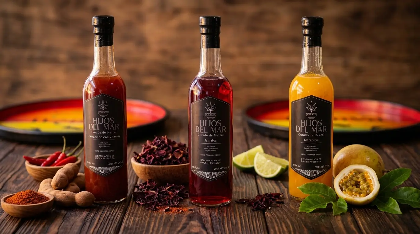 Mezcal curado con frutas de la región de Oaxaca
