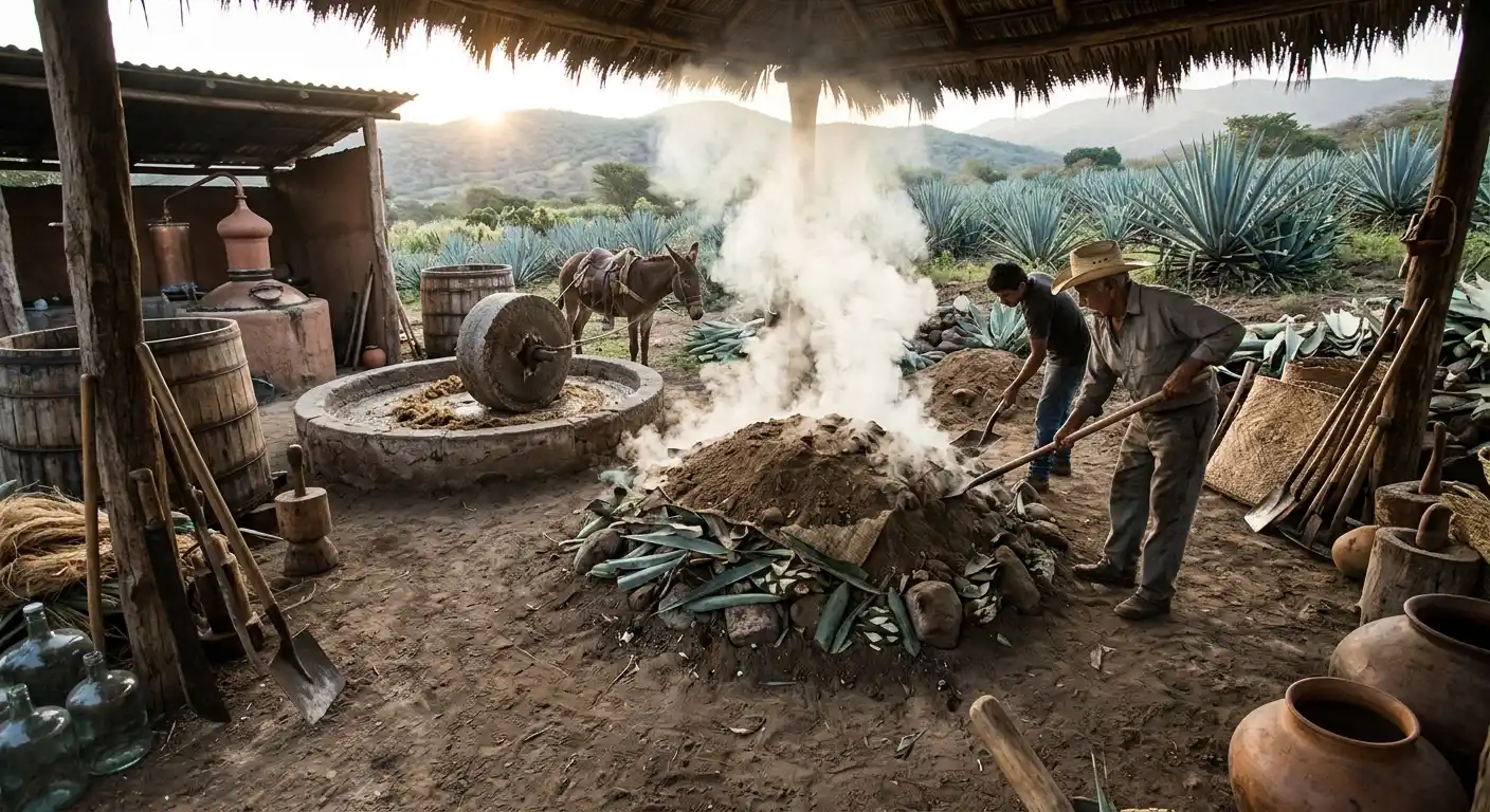 Palenque tradicional oaxaqueño con horno cónico de piedra