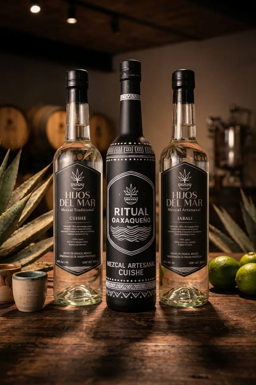 Diferentes variedades de mezcal artesanal oaxaqueño